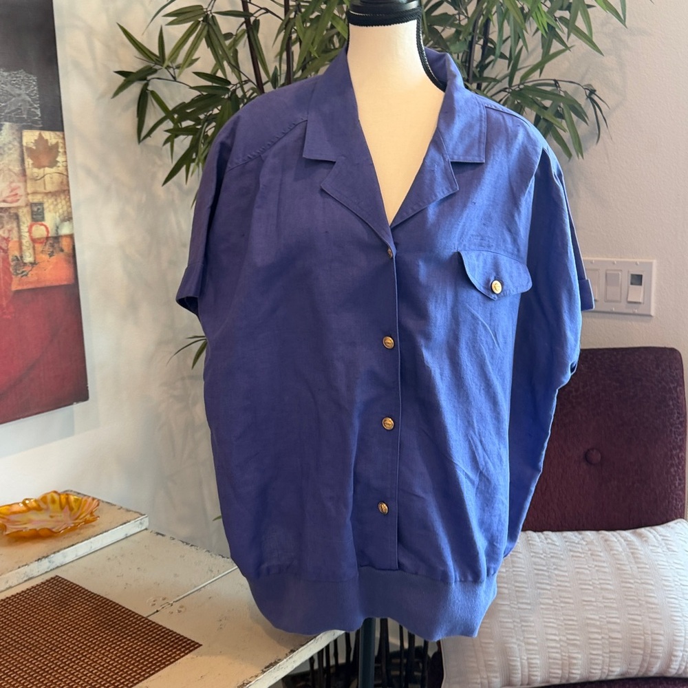 Vibrant Blue, Short Sleeve Top,  Linen, Gold buttons for Sophisticated look.